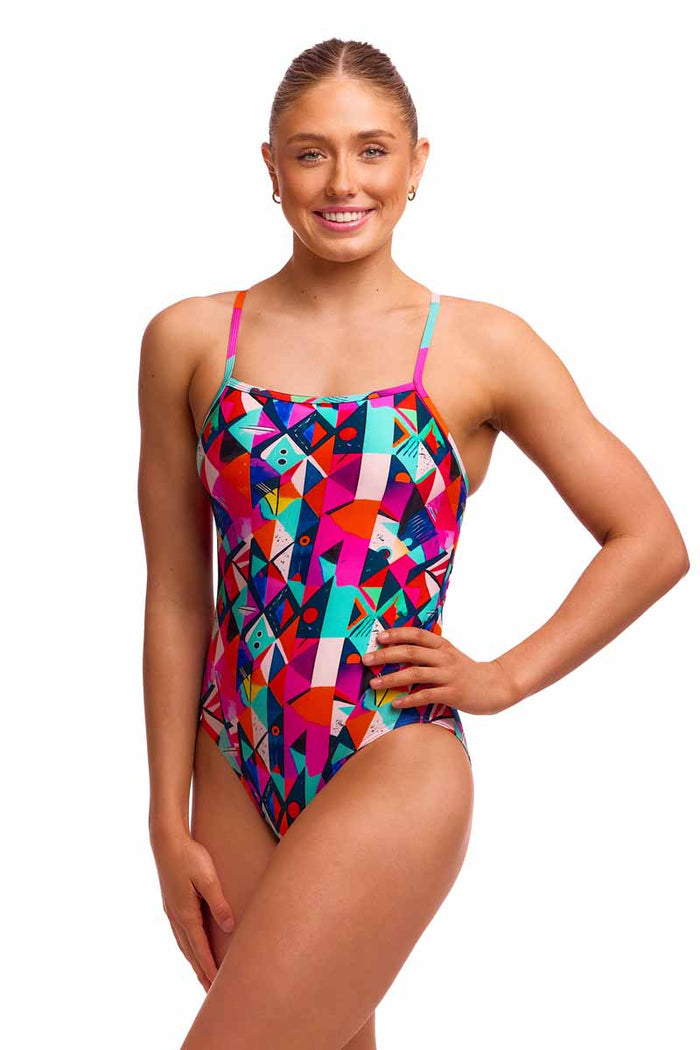 Funkita Ladies Art Dropout single strap one-piece swimsuit in multi-colored design, featuring a stylish swimwear look.