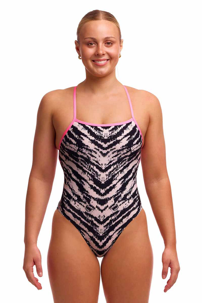 Funkita Ladies Fur Elise strapped one-piece swimsuit in white and black, featuring a sleek design and comfortable fit.