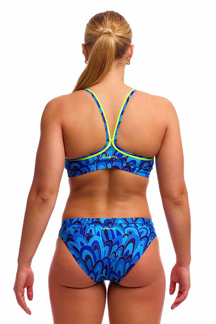 Funkita Ladies Hill Billy Blues sports tankini top in blue, featuring a fitted design and vibrant pattern for active swimwear.