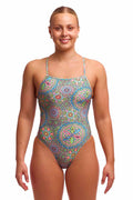 Funkita Ladies Pretti Penny Tie Me Tight One Piece Swimsuit in multi-color with sleek fit and vibrant design.