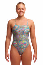 Funkita Ladies Pretti Penny Tie Me Tight One Piece Swimsuit in multi-color with sleek fit and vibrant design.