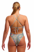 Funkita Ladies Pretti Penny Tie Me Tight one-piece swimsuit with colorful, vibrant floral pattern and supportive fit.
