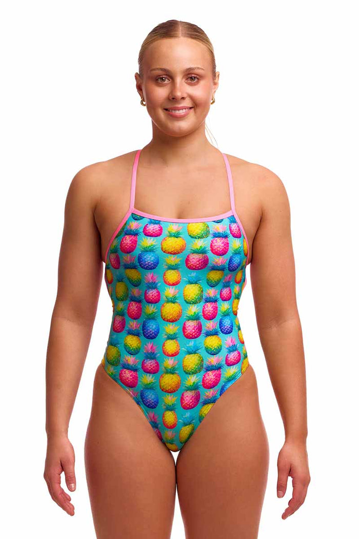 Funkita Ladies Punchy Bunch strapped one-piece swimsuit in multi-color with bold pattern, suitable for swimming and water sports.