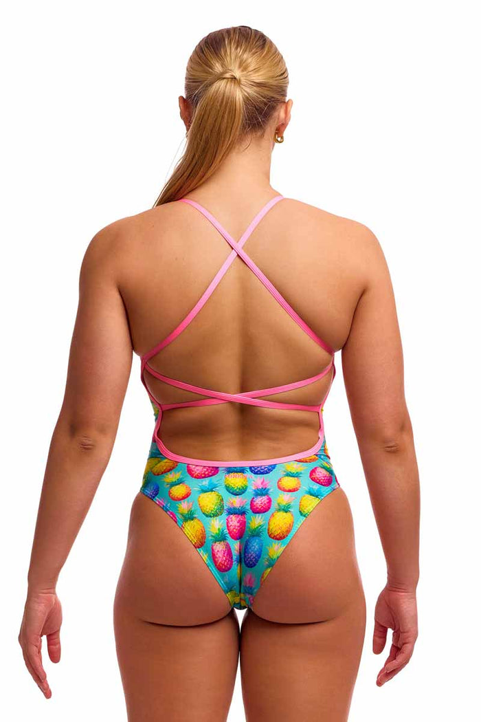 Funkita Ladies Punchy Bunch strapped one-piece swimsuit in multi-colored design, featuring a fitted style and supportive straps.