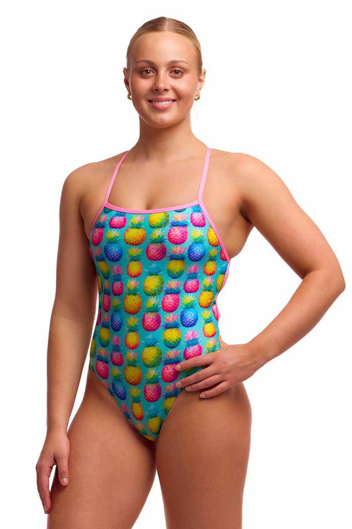 Funkita Ladies Punchy Bunch Strapped In One Piece Swimsuit in colorful multi pattern, featuring adjustable straps and sleek design.