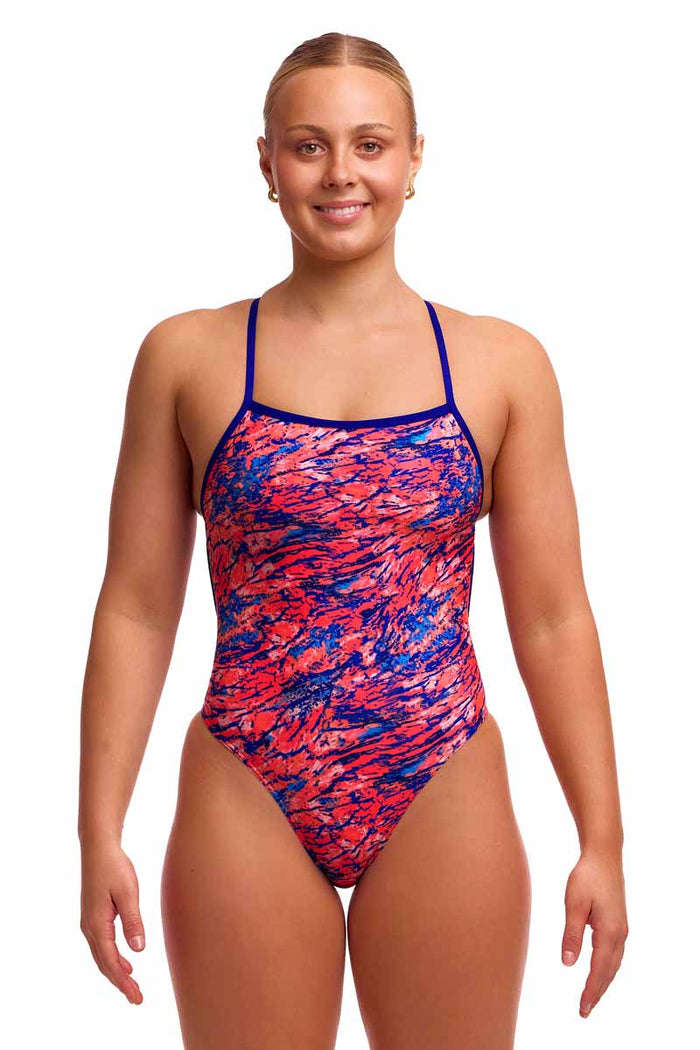 Funkita Ladies Ruff Stuff single strength one-piece swimsuit in pink and blue with a sleek, athletic design for women.