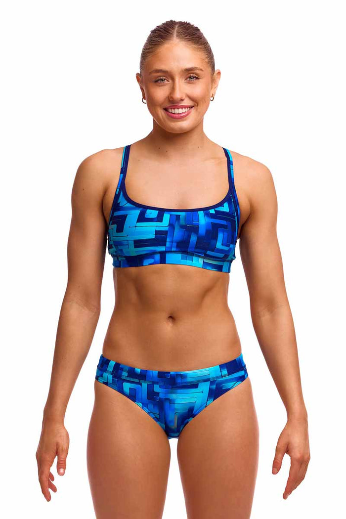 Funkita Ladies You Blued sports top bikini in vibrant blue with a sleek tankini style, perfect for swimming or active wear.