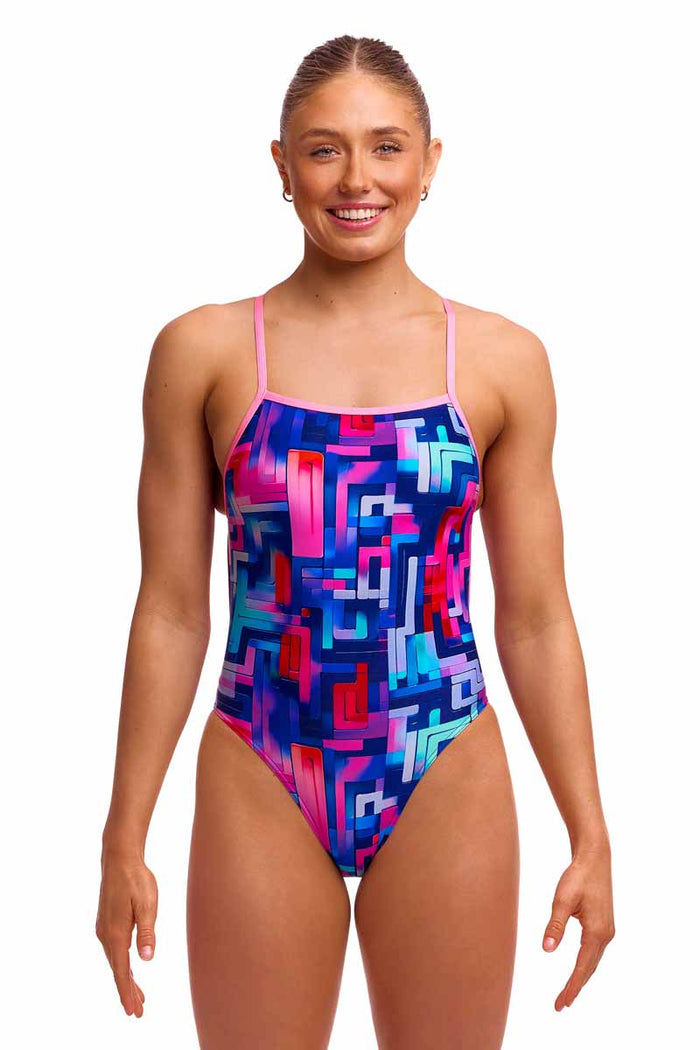 Funkita Ladies You Tubey single strength one-piece swimsuit in multi-color, featuring a sleek, supportive design for swimming.