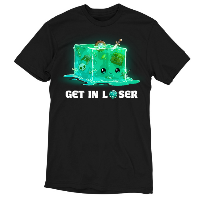 Premium Cotton T-shirt_TeeTurtle black Get In Loser Premium Cotton T-shirt featuring a gelatinous cube with bones, weapons, armor and treasure inside. It has a face and is smiling. Below text reads "Get In Loser" with the o in loser replaced by a D20 that landed on 1.
