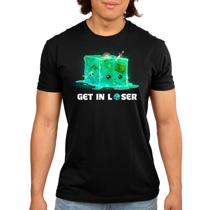 Premium Cotton T-shirt_TeeTurtle black Get In Loser Premium Cotton T-shirt featuring a gelatinous cube with bones, weapons, armor and treasure inside. It has a face and is smiling. Below text reads "Get In Loser" with the o in loser replaced by a D20 that landed on 1.