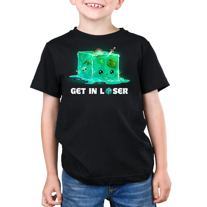 Premium Cotton T-shirt_TeeTurtle black Get In Loser Premium Cotton T-shirt featuring a gelatinous cube with bones, weapons, armor and treasure inside. It has a face and is smiling. Below text reads "Get In Loser" with the o in loser replaced by a D20 that landed on 1.