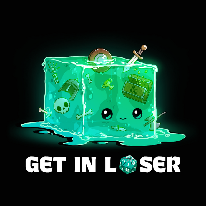 Classic Cotton T-shirt_TeeTurtle black Get In Loser Classic Cotton T-shirt featuring a gelatinous cube with bones, weapons, armor and treasure inside. It has a face and is smiling. Below text reads "Get In Loser" with the o in loser replaced by a D20 that landed on 1.