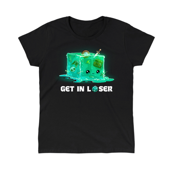 Classic Cotton T-shirt_TeeTurtle black Get In Loser Classic Cotton T-shirt featuring a gelatinous cube with bones, weapons, armor and treasure inside. It has a face and is smiling. Below text reads "Get In Loser" with the o in loser replaced by a D20 that landed on 1.