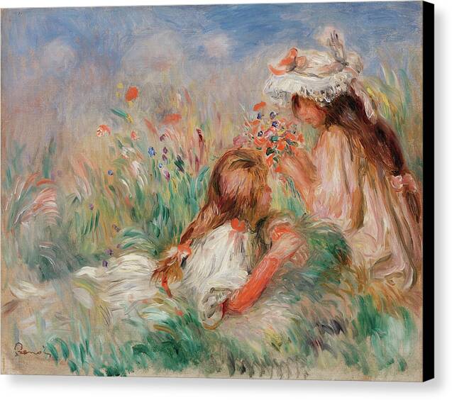 Girls in the Grass Arranging a Bouquet - Canvas Print