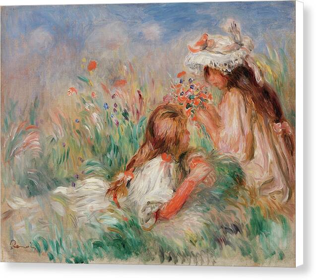Girls in the Grass Arranging a Bouquet - Canvas Print