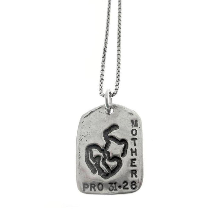 Silver Mother's Day necklace featuring Proverbs 31:28  engraving.
