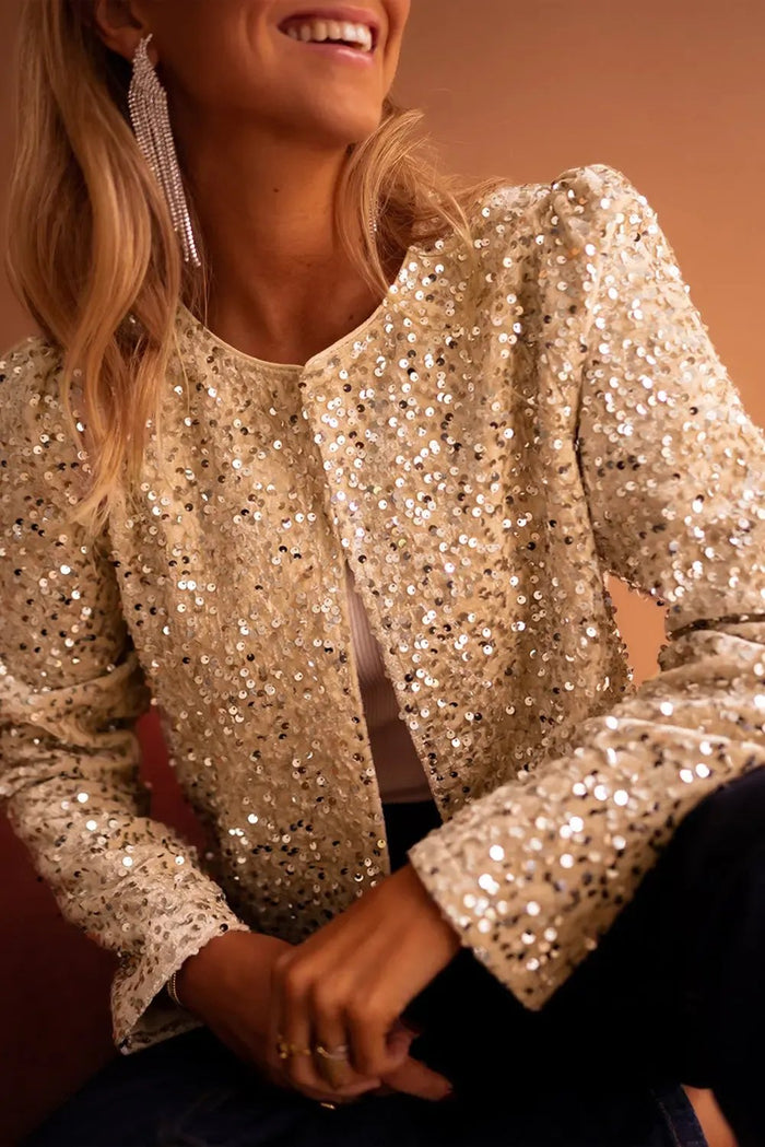 Golden Sequinned Open Front Cropped Jacket - Gold / S - Occasionwear/Jackets