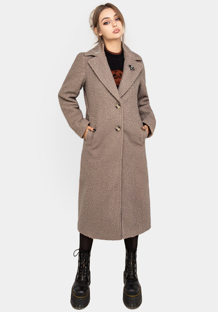 Gorgon Bouclé Longline Oversized Coat with Bee Brooch - Taupe