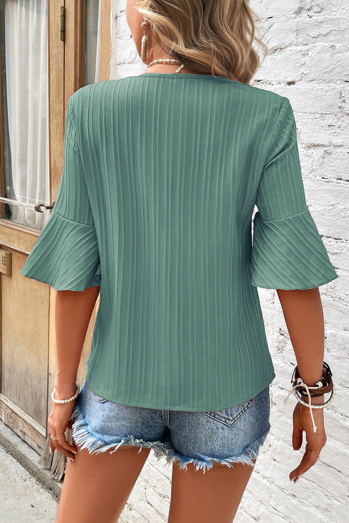 Grass Green Ruffled Half Sleeve V Neck Textured Top - Tops/Tops & Tees