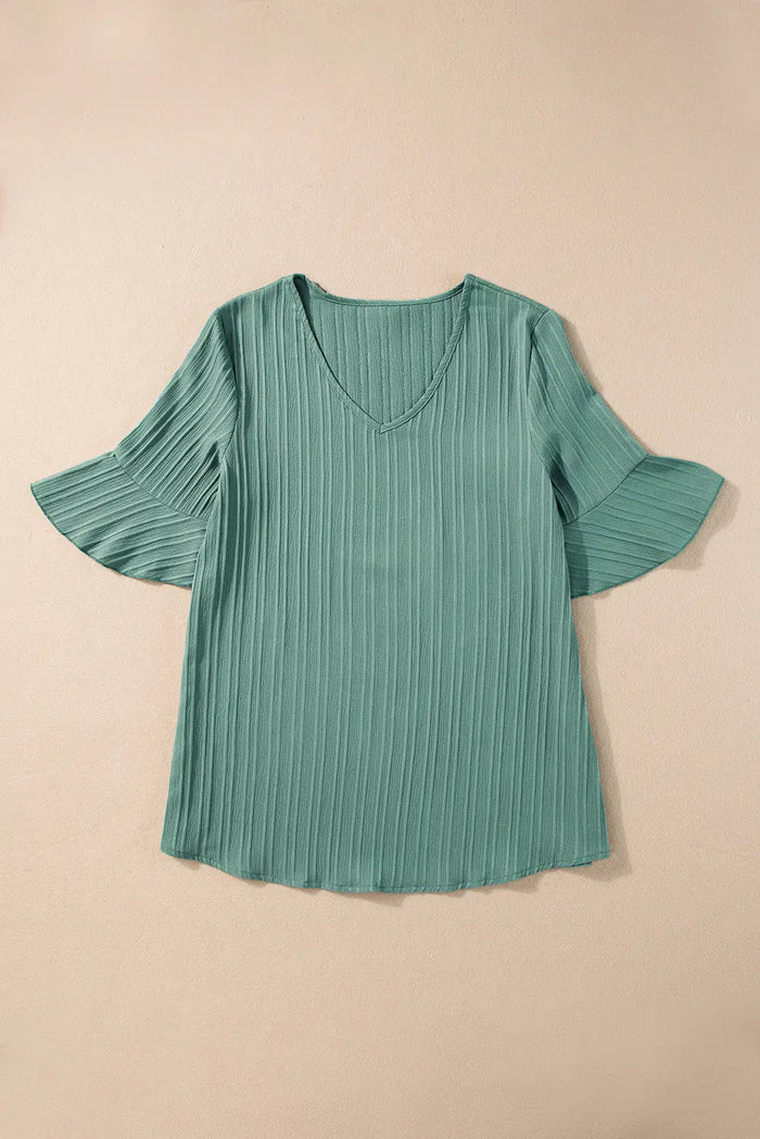 Grass Green Ruffled Half Sleeve V Neck Textured Top - Tops/Tops & Tees