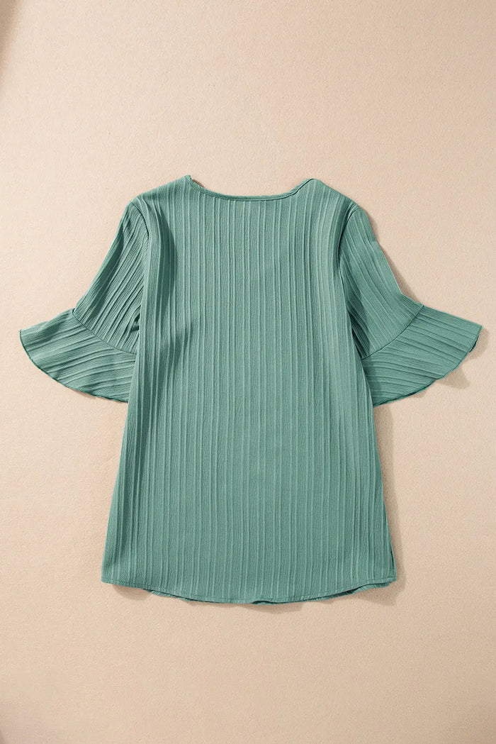 Grass Green Ruffled Half Sleeve V Neck Textured Top - Tops/Tops & Tees