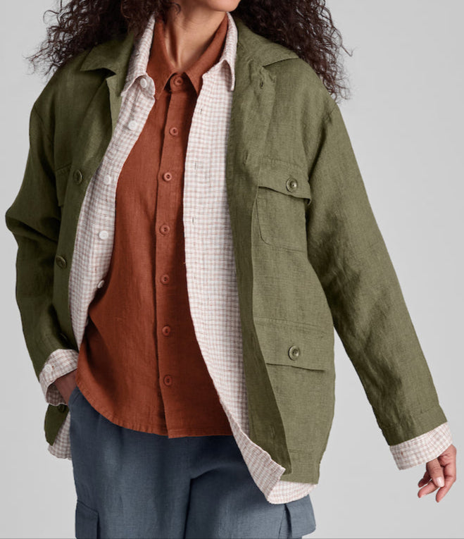 Graceful Jacket, shown in Herb, size Small. Worn over the Whole Shirt (N/A in this color) and Cherished Shirt (Spice). 100% European Linen, Medium weight.