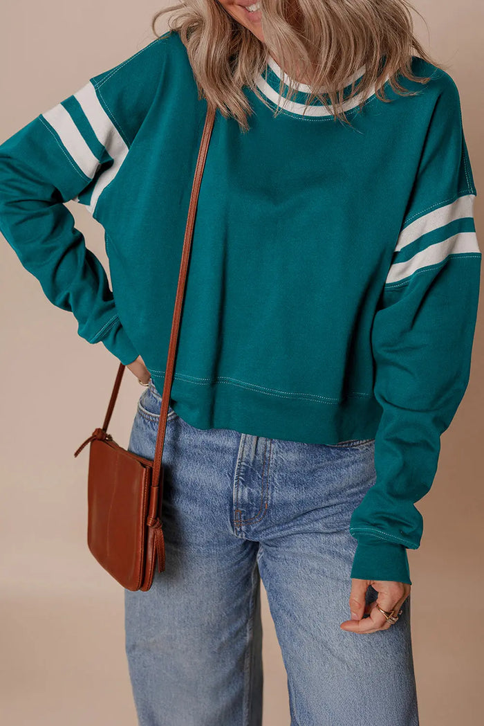 Green Contrast Striped Patchwork Drop Shoulder Sweatshirt - S - Tops/Sweatshirts & Hoodies