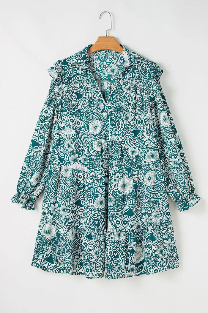 Green Floral Flounce Sleeve Split Neck Plus Size Dress - Size/Plus Dresses/Plus Mini Dresses
