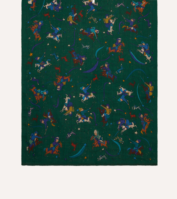 Green Mughal and Stars Print Wool Scarf