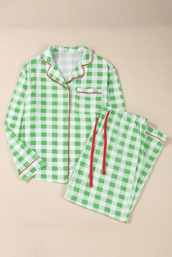 Green Plaid Print Contrast Trim Long Sleeve Plus Size Pyjamas - 1X - Size/Plus Loungewear