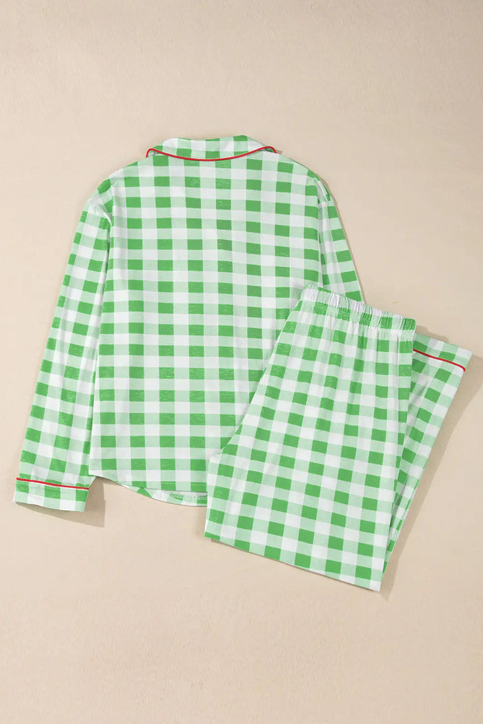 Green Plaid Print Contrast Trim Long Sleeve Plus Size Pyjamas - Size/Plus Loungewear