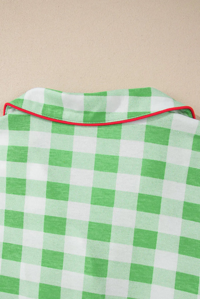 Green Plaid Print Contrast Trim Long Sleeve Plus Size Pyjamas - Size/Plus Loungewear