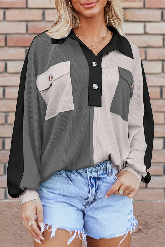 Grey Colourblock Ribbed Collared Oversized Sweatshirt - GRAY / S / 95% POLYESTER + 5% ELASTANE - Tops/Sweatshirts &