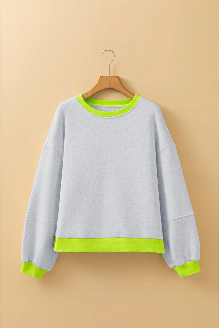 Grey Contrast Colour Banding Patchwork Puff Sleeve Loose Sweatshirt - Tops/Sweatshirts & Hoodies