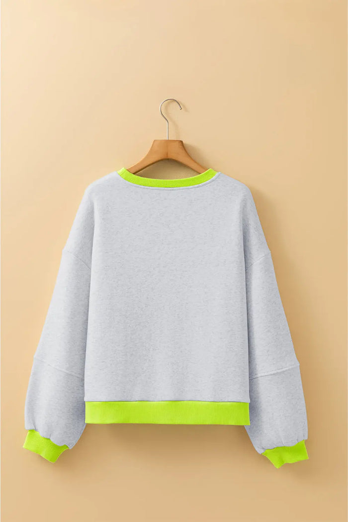 Grey Contrast Colour Banding Patchwork Puff Sleeve Loose Sweatshirt - Tops/Sweatshirts & Hoodies
