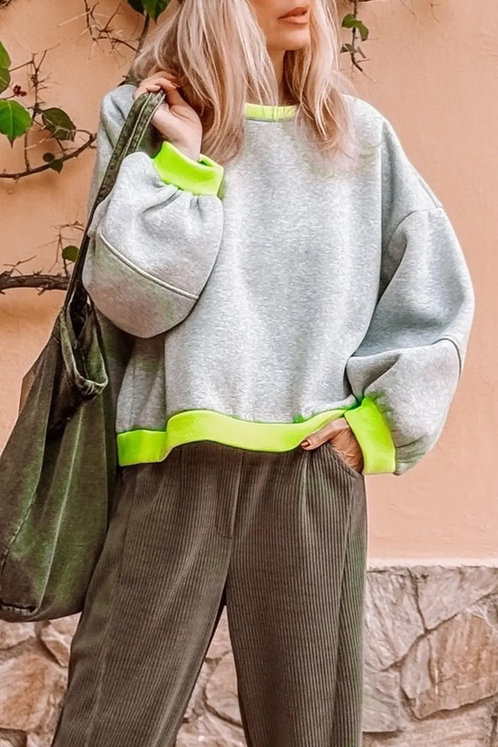 Grey Contrast Colour Banding Patchwork Puff Sleeve Loose Sweatshirt - S - Tops/Sweatshirts & Hoodies