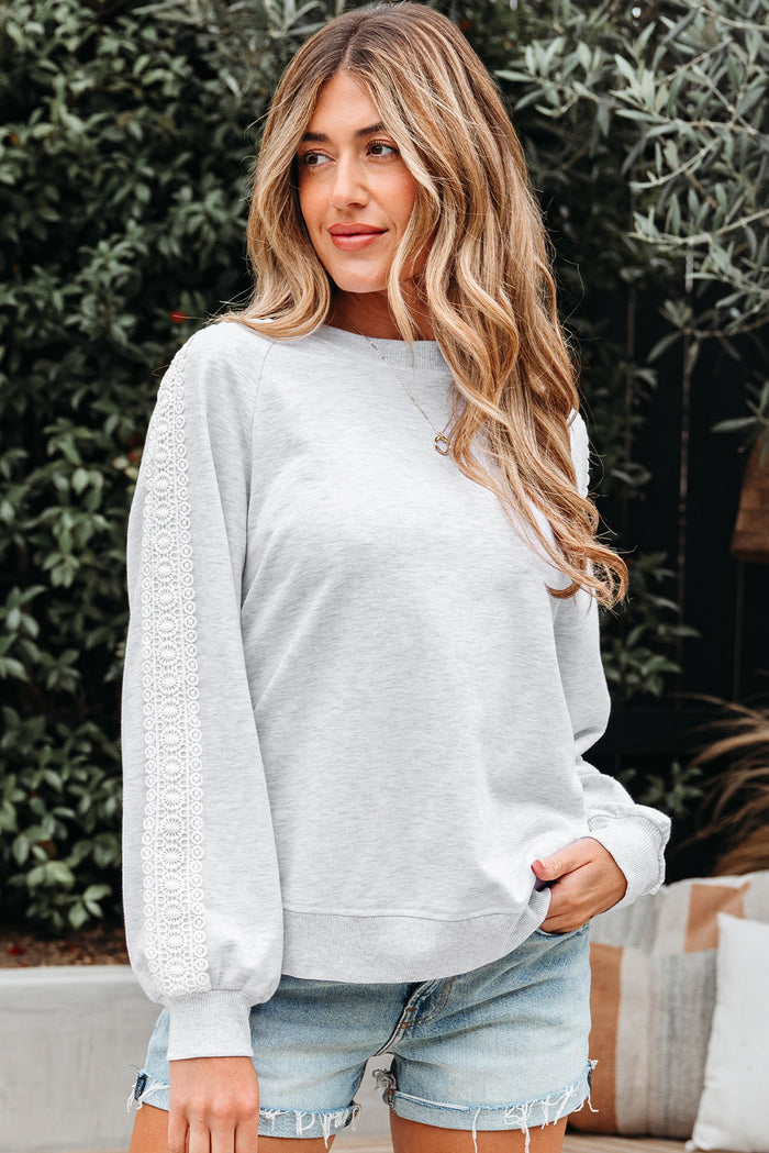Grey Lace Patchwork Raglan Sleeve Sweatshirt - S - Tops/Sweatshirts & Hoodies