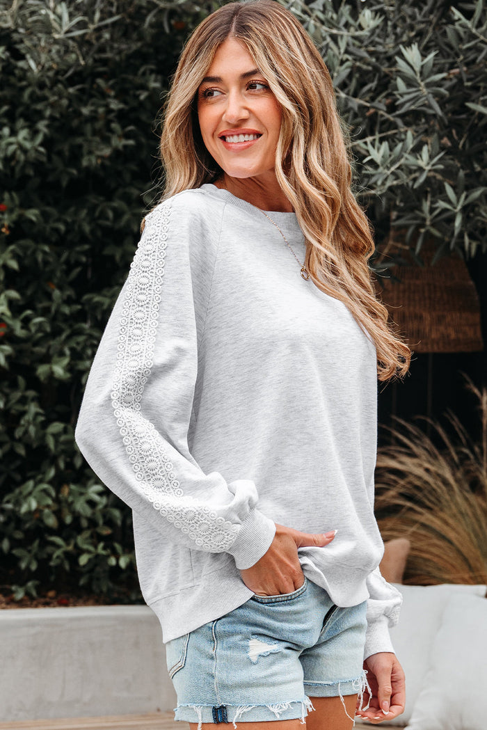Grey Lace Patchwork Raglan Sleeve Sweatshirt - Tops/Sweatshirts & Hoodies
