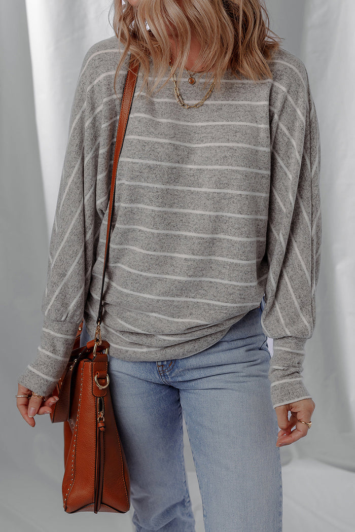 Grey Stripe Dolman Sleeve Drop Shoulder Top - S - Tops/Long Tops