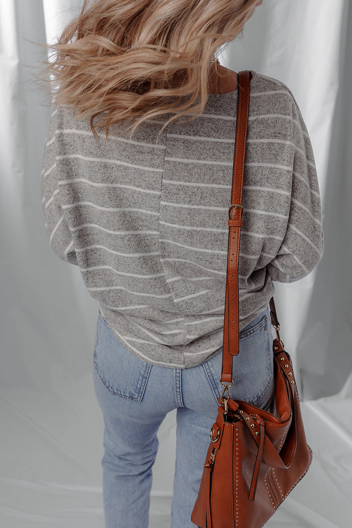 Grey Stripe Dolman Sleeve Drop Shoulder Top - Tops/Long Tops