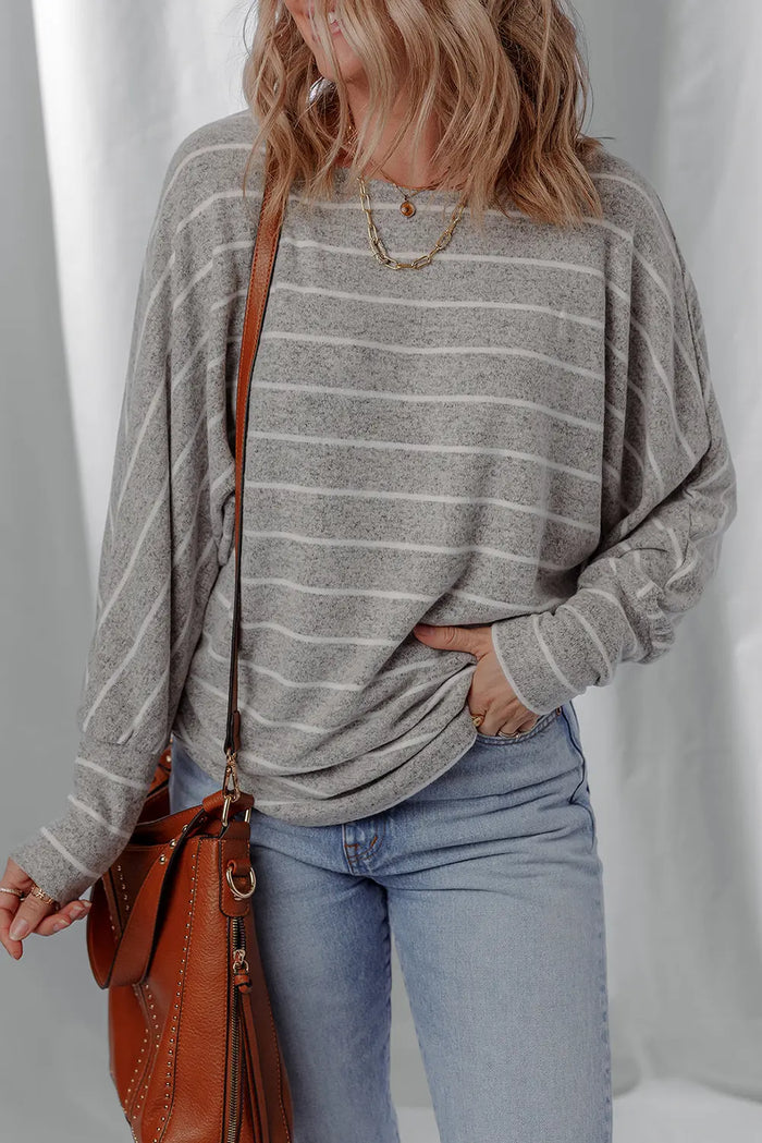 Grey Stripe Dolman Sleeve Drop Shoulder Top - Tops/Long Tops