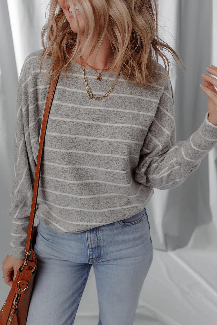 Grey Stripe Dolman Sleeve Drop Shoulder Top - Tops/Long Tops