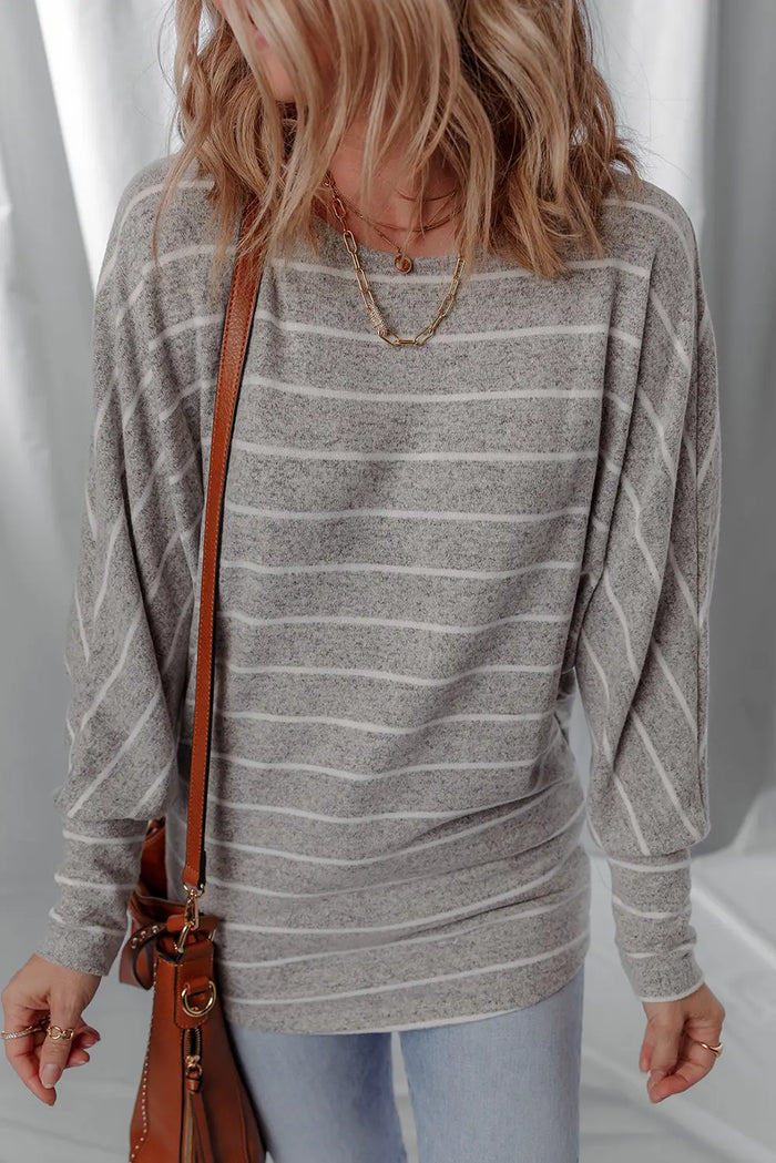 Grey Stripe Dolman Sleeve Drop Shoulder Top - Tops/Long Tops