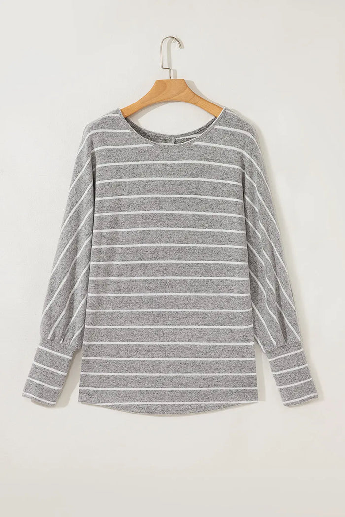 Grey Stripe Dolman Sleeve Drop Shoulder Top - Tops/Long Tops
