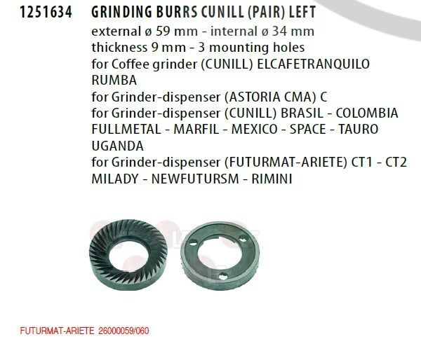 Grinding Burrs Cunill, Futurmat(pair)SX 59x35x9.5, part - 1251634 - Coffeesection