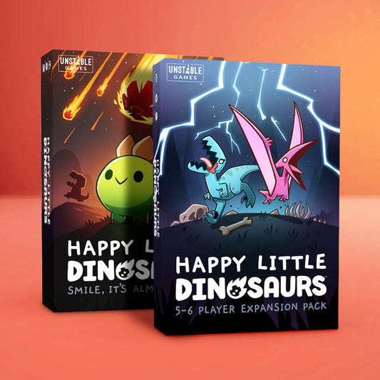 Two tabletop game boxes, "Happy Little Dinosaurs: Base Game + 5-6 Player Expansion Bundle" by Unstable Games, feature vibrant dinosaur illustrations on an orange gradient background and include Dinosaur Player Boards for enhanced gameplay.