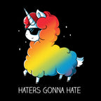 Classic Cotton T-shirt_Teeturtle Haters Gonna Hate black t-shirt featuring a llama-unicorn with a rainbow-colored fluffy body wearing sunglasses, walking confidently with the text "Haters Gonna Hate" below.