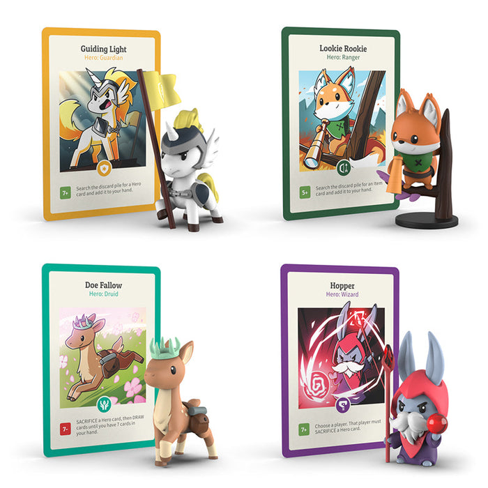 Four cartoon animal vinyl figures from the "Here to Slay: Vinyl Figure Blind Box" by Unstable Games are displayed, each accompanied by a card featuring their character name and role: Guiding Light, Lookie Rook, Doe Fallow, and Hopper. These charming figures evoke memories of a Here to Slay promo card collection.