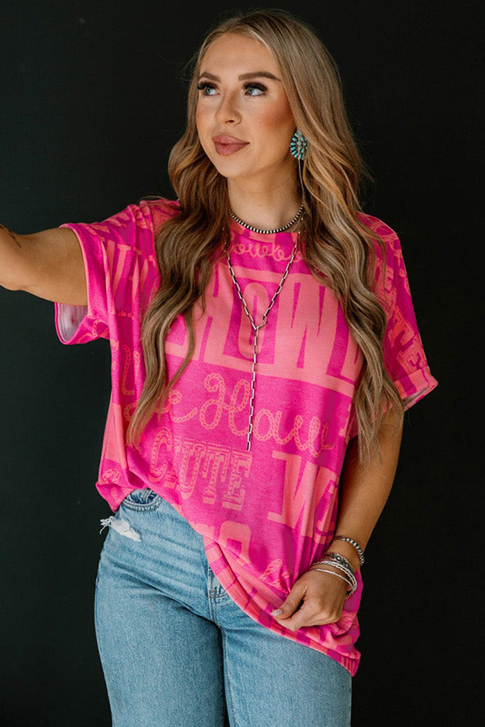 Rose Howdy Cowboy Letter Printed Western Fashion Tee - Tops/Tops & Tees