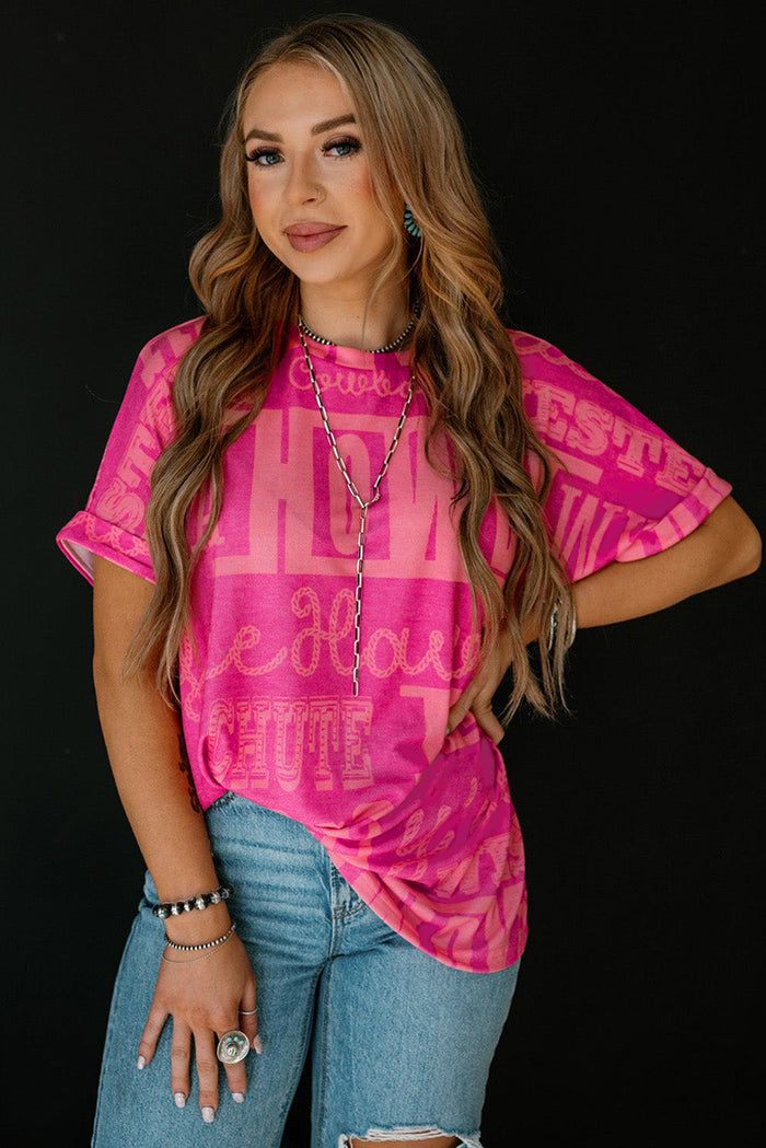 Rose Howdy Cowboy Letter Printed Western Fashion Tee - Tops/Tops & Tees